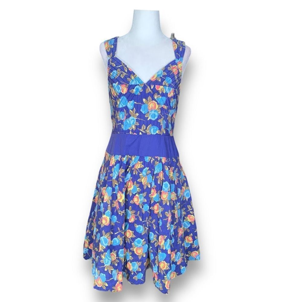 Plenty By Tracy Reese Dress Blue Yellow Floral Retro Sleeveless Sweetheart Neck